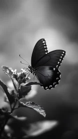 Monochrome macro profile of swallowtail butterfly on foliage