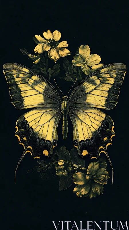 Golden butterfly spreads wings above nocturnal florals.