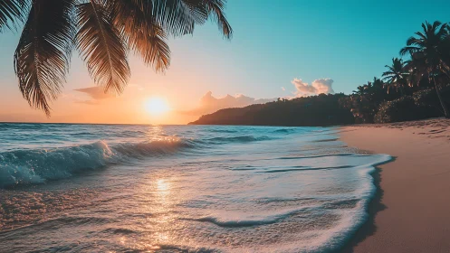 Golden sunset waves along a quiet palm-lined tropical shore.