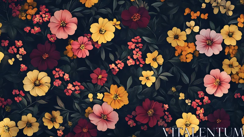Vibrant Floral Garden Against Deep Navy Background.
