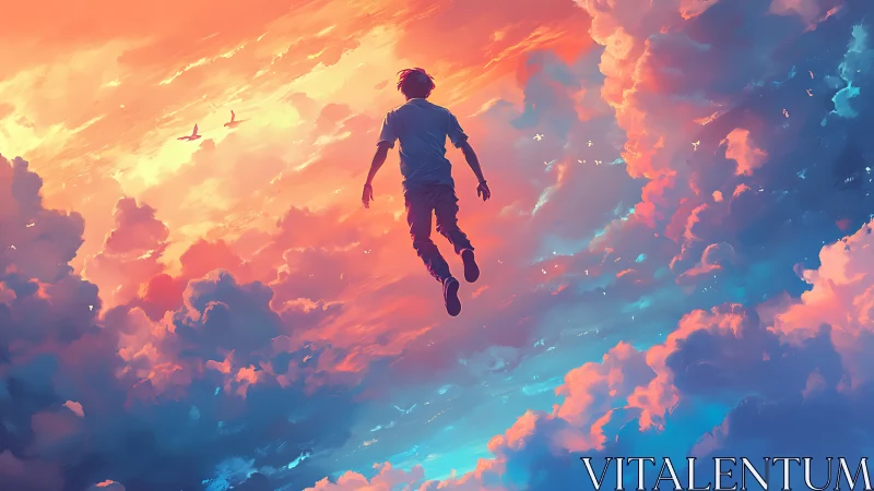 Boy ascends through radiant sunset clouds in dream sky.