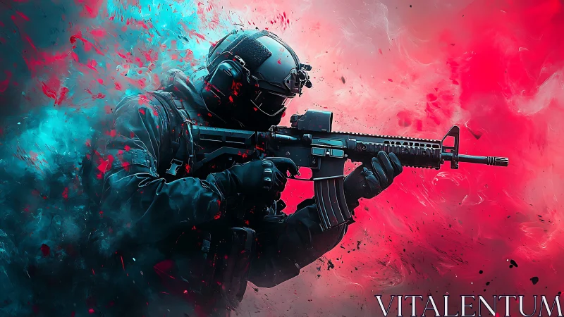 Tactical soldier aims rifle through contrasting color smoke