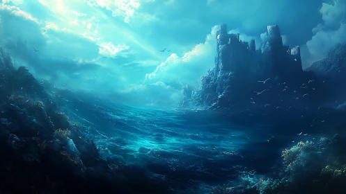 Stormlit sea curls toward a forgotten citadel of crumbling stone