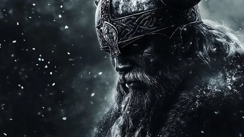 Storm-burdened viking lowers his gaze beneath icy omens