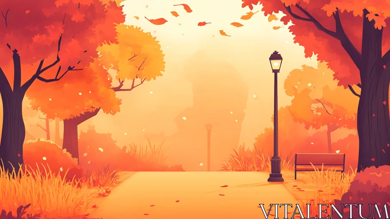 Autumn park path with trees, bench, and lamppost at dusk.
