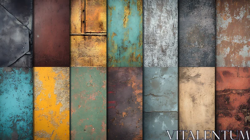 Corroded metal panel grid showcases chromatic patina study