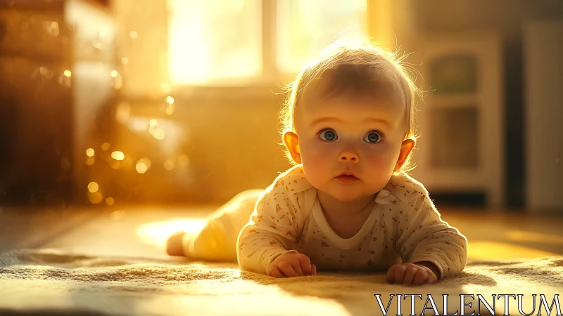 Golden morning glow around a wide-eyed curious baby.