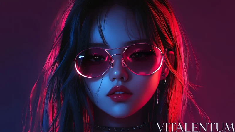 Neon-lit girl in pink sunglasses radiates cool urban mystery