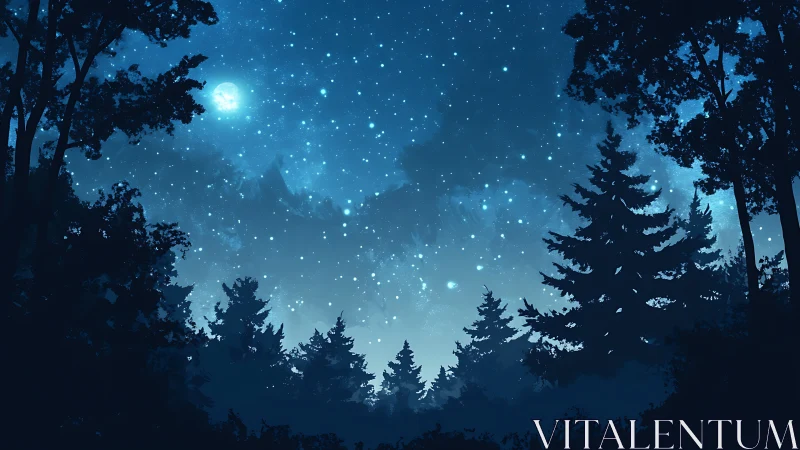 Moonlit forest canopy beneath star-scattered night sky.