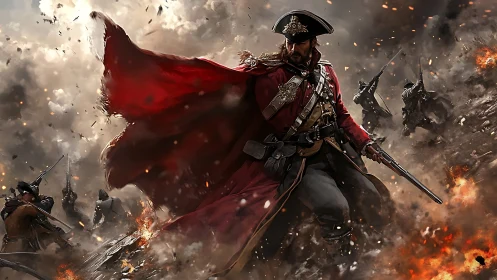 Battlefield commander strides through fire and flying debris.