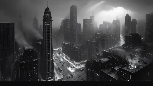 Noir metropolis skyline under storm-lit midnight clouds.