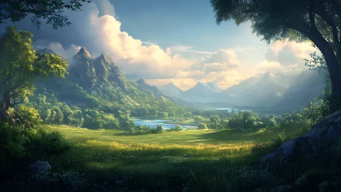 Bright mountain valley with lake under soft morning sky.