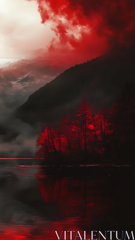 Red illuminated forest ridge reflects across dark water