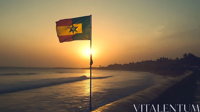 Sunset illuminates coastal flag in calm golden seascape