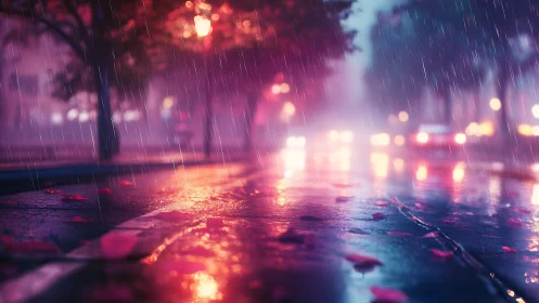 Rainy city street reflects car headlights and neon colors