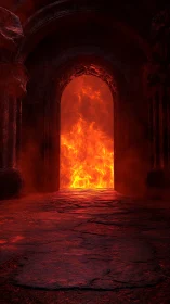 Inferno Gateway: Ancient Stone Archway Reveals Blazing Fire.