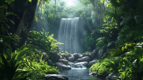 Tropical waterfall with vegetation and pool.