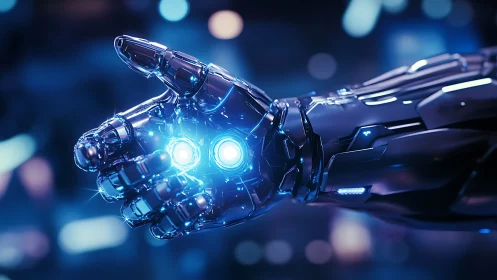 Cybernetic hand channels blue energy in neon glow.