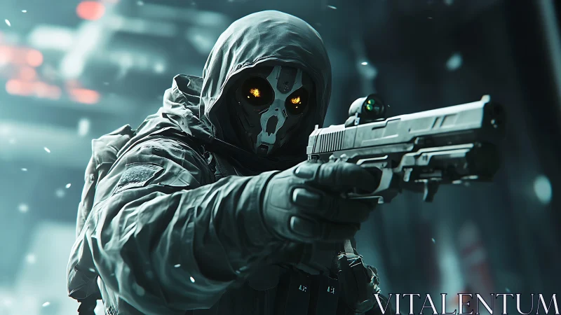 Hooded masked figure aiming handgun in snowy urban setting.