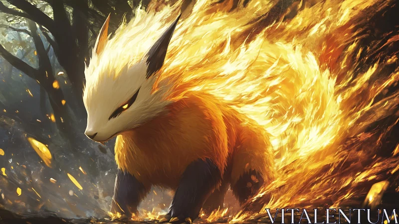 Fire-based fox creature in forest with dynamic flames.