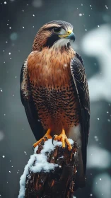 Majestic falcon stands alert on snowy perch in winter storm.
