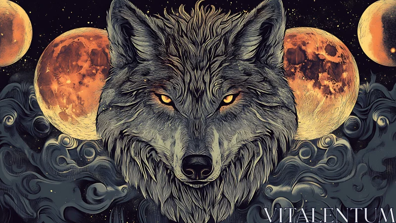Wolf head illustration is centered against multiple lunar discs