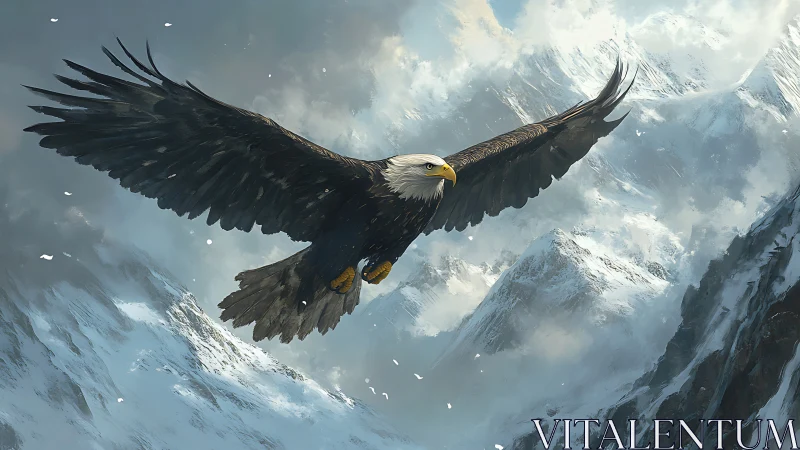 Majestic bald eagle soaring over snowy mountain peaks, digital art.