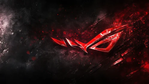 Angular red emblem slices through textured dark digital field