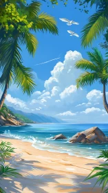 Tropical Beach Paradise with Palm Trees and Clear Skies