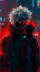 Neon rogue stalks the crimson night in glitch-lit rain.