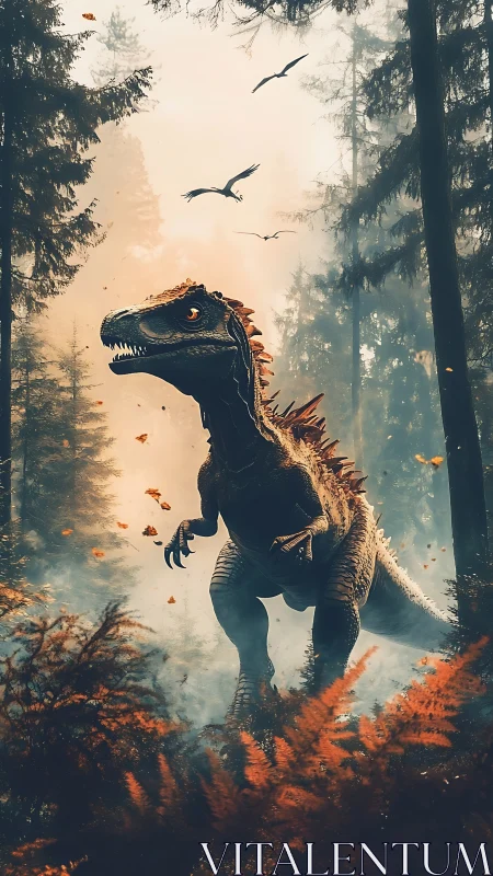Predatory dinosaur in misty forest with flying pterosaurs.