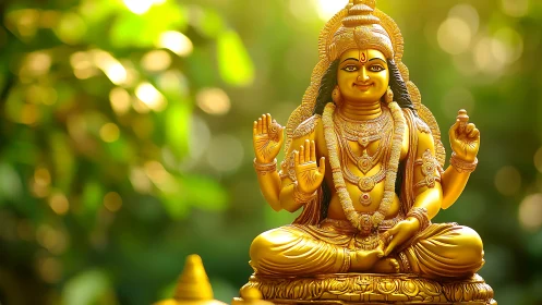 Photorealistic golden deity sculpture in lush bokeh garden.