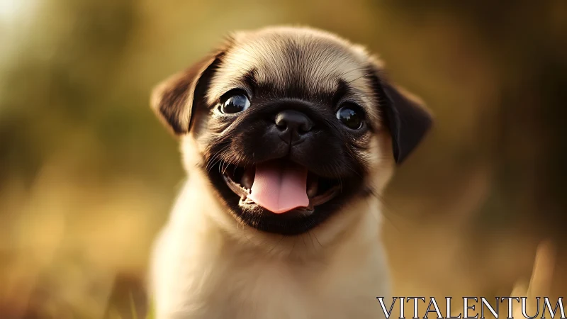 Joyful pug puppy beaming with sunny, heartwarming energy.