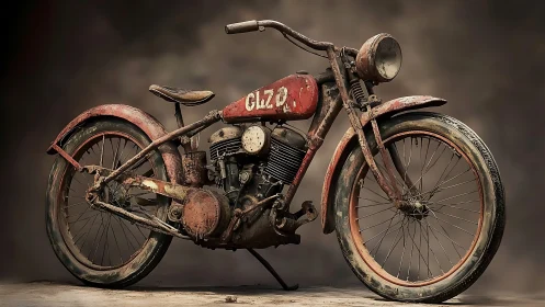 Rusty vintage motorcycle stands on studio floor in profile