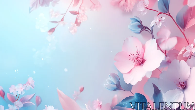 Soft-focus floral composition featuring delicate pink blossoms with blue accents on gradient backdro