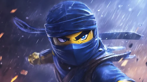 Lego-style blue ninja warrior in dynamic combat pose.