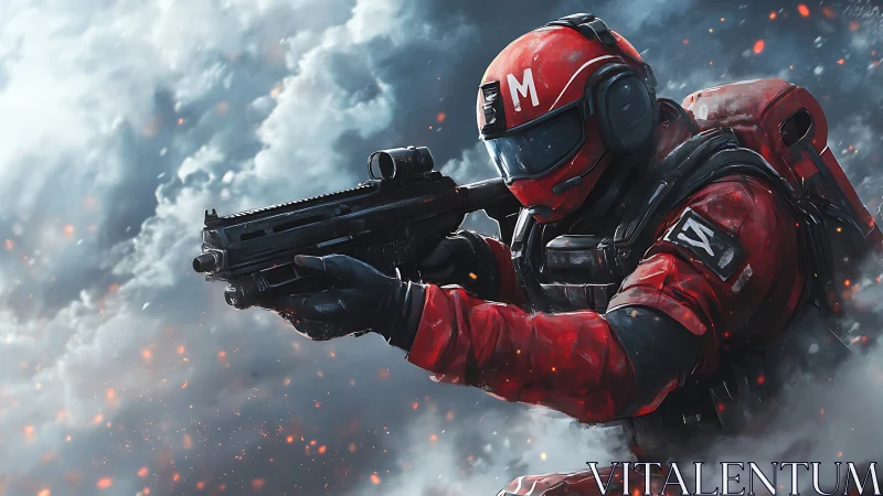Armored red trooper aims rifle amid dynamic smoke vortex