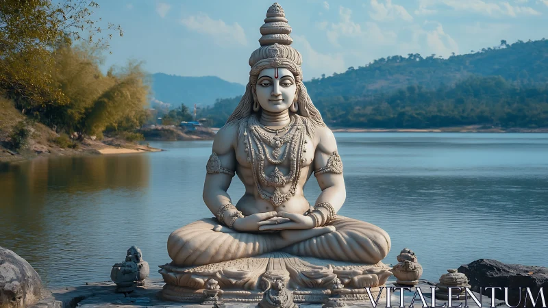 Serene riverfront deity statue rests in peaceful mountain light