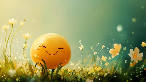 Yellow smiling orb character in stylized meadow landscape.