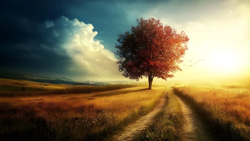 Lone autumn tree beside dirt track under bifurcated sky.