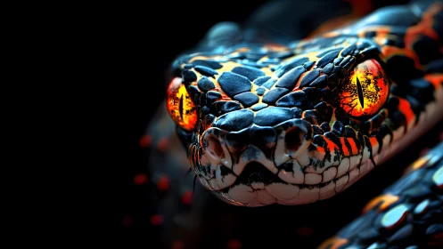 Striking close-up of a vivid snake with glowing orange eyes, digital art.