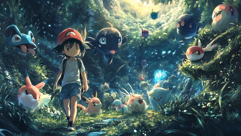 Anime trainer walks through luminous forest with floating creatures