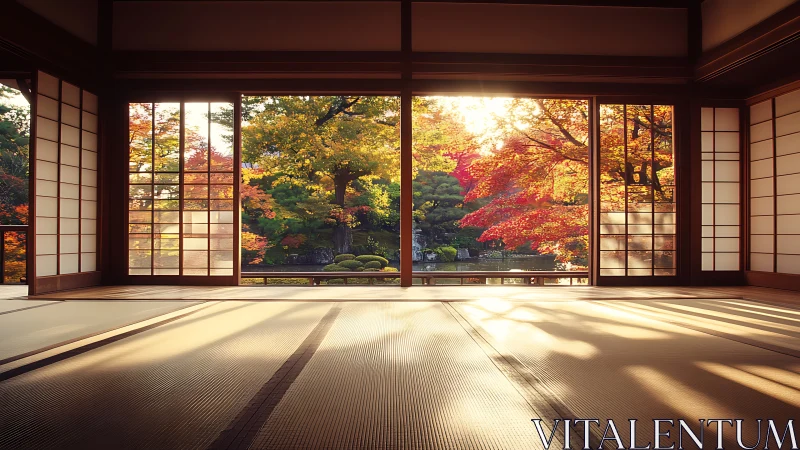 Sunlit tatami floor listens quietly to the autumn garden