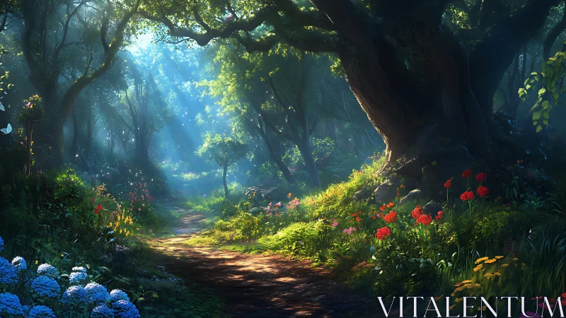 Sunlit forest pathway with flowering borders and tall canopy