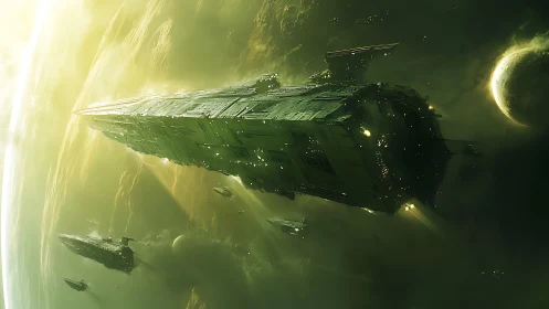 Colossal green starship glides through eerie alien orbit