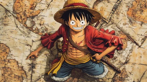 Straw hat adventurer over vintage nautical world map.