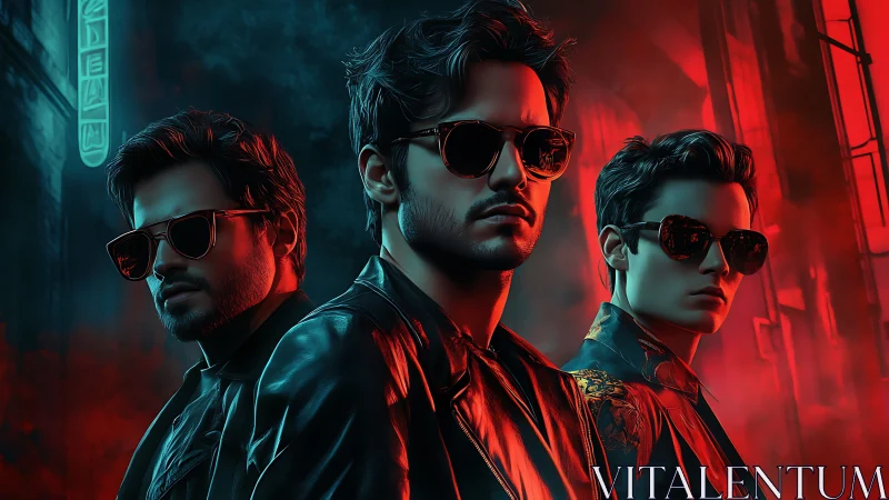 Neon-lit trio in cinematic cyberpunk leather portrait.