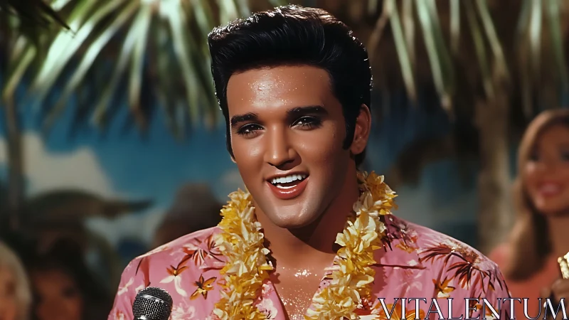 Photorealistic tropical crooner portrait in studio lighting.