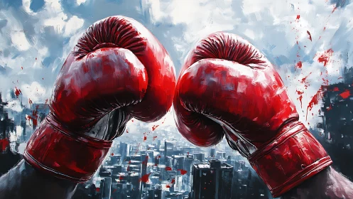 Red Boxing Gloves Overlaid Urban Skyline Composition