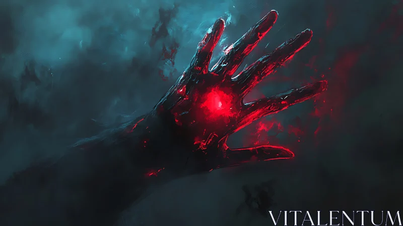 Crimson energy blooms through a spectral hand in stormed void